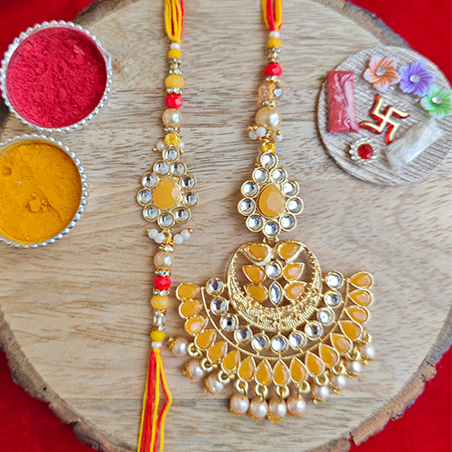 Designer Yellow Kundan Rakhi and Lumba Set